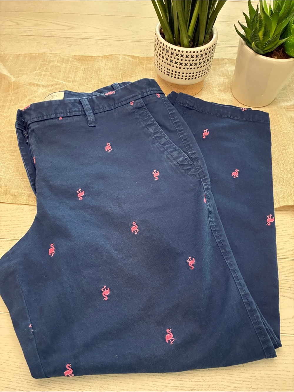 Talbots Navy Chino Pants with Pink Embroidered Flamingo Motif